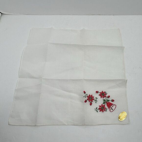 VTG Poinsettia Hankie Christmas Embroidered Handkerchief Linen Switzerland - Picture 3 of 4